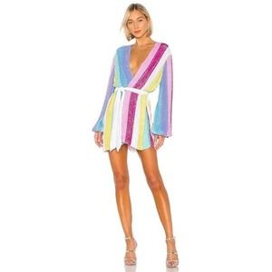 Retrofete Gabrielle Sequin Wrap Robe Dress Unicorn Stripe Rainbow
